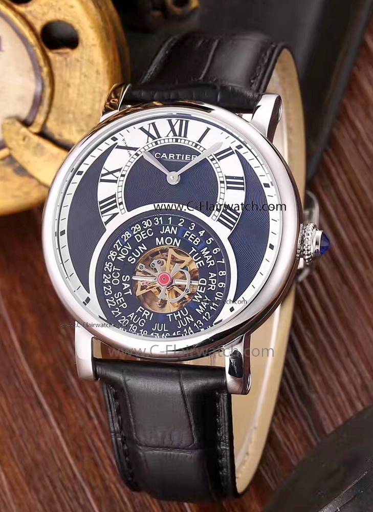 New Copy Cartier Rotonde De Cartier Mens Watch Black Leather Str